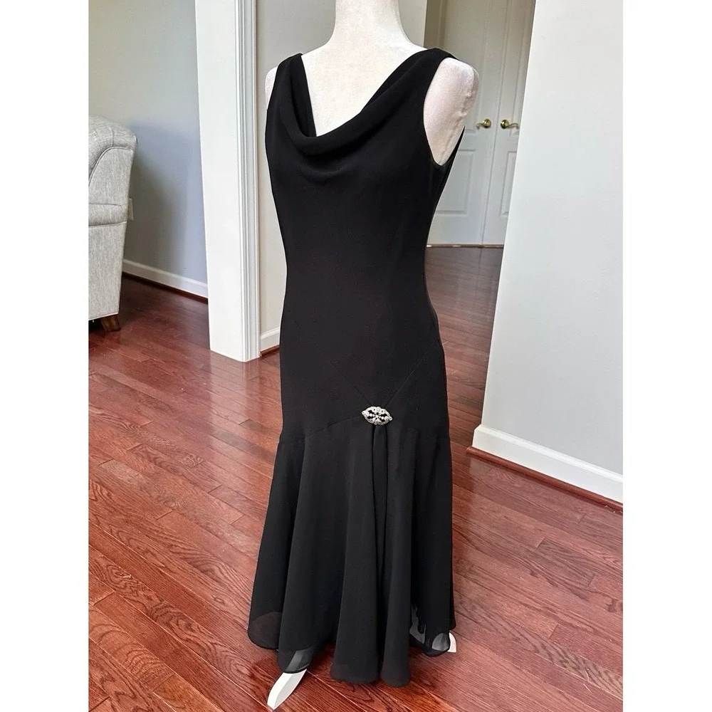 Jones Wear‎ Dress Black Flowey Cowl Neck Feminine Silver Brooch Cocktail Dress
